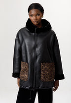 Black Leather-Look Jacket with Leopard Print Details