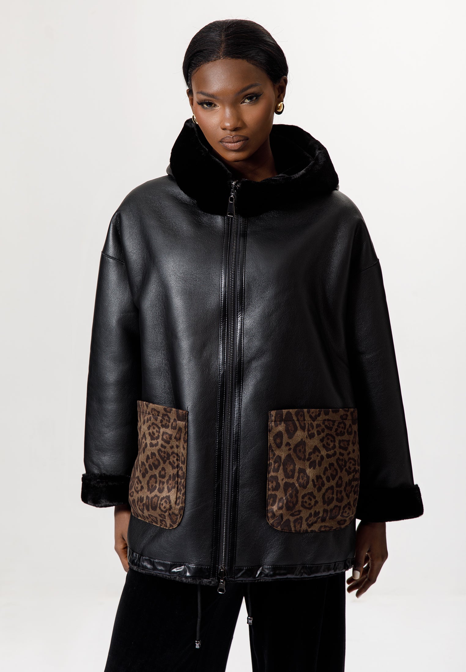 Black Leather-Look Jacket with Leopard Print Details
