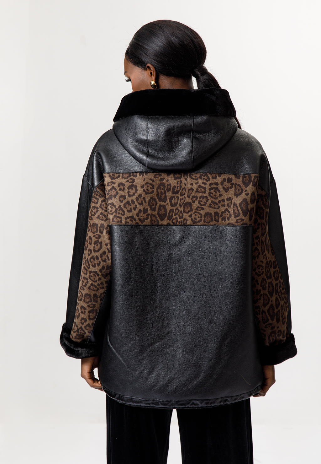 Black Leather-Look Jacket with Leopard Print Details