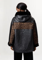 Black Leather-Look Jacket with Leopard Print Details