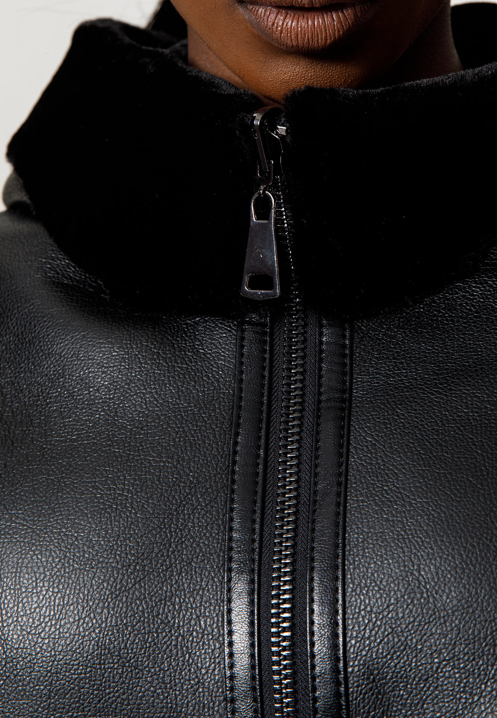 Black Leather-Look Jacket with Leopard Print Details