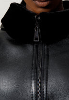 Black Leather-Look Jacket with Leopard Print Details