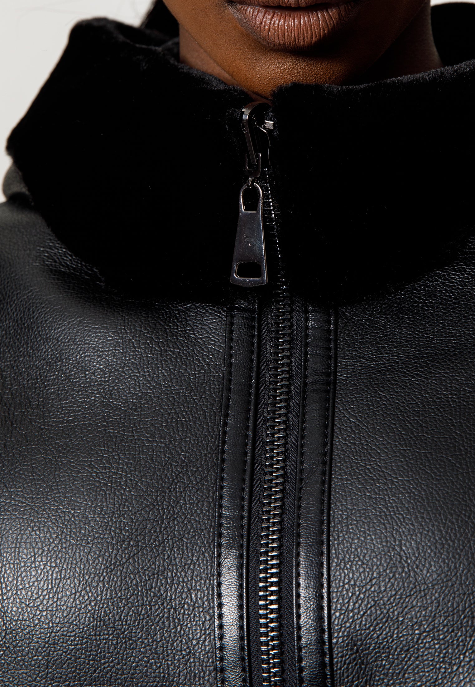 Black Leather-Look Jacket with Leopard Print Details