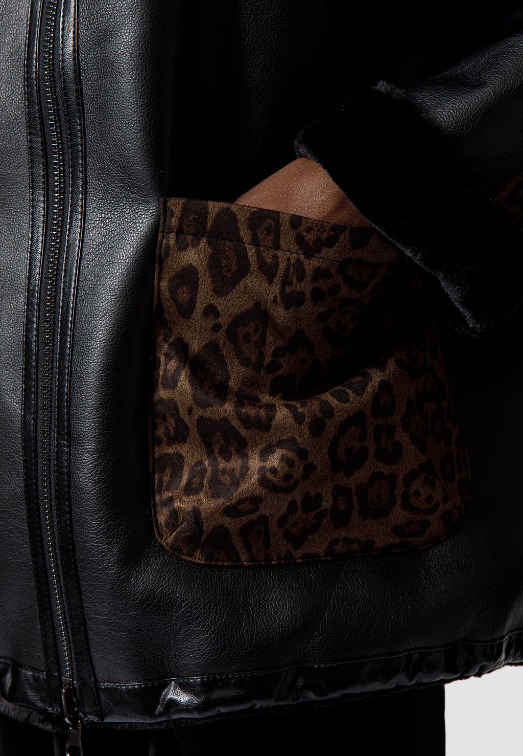 Black Leather-Look Jacket with Leopard Print Details