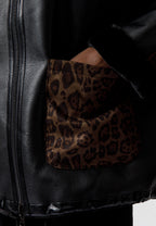 Black Leather-Look Jacket with Leopard Print Details