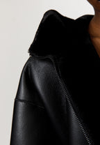 Black Leather-Look Jacket with Leopard Print Details