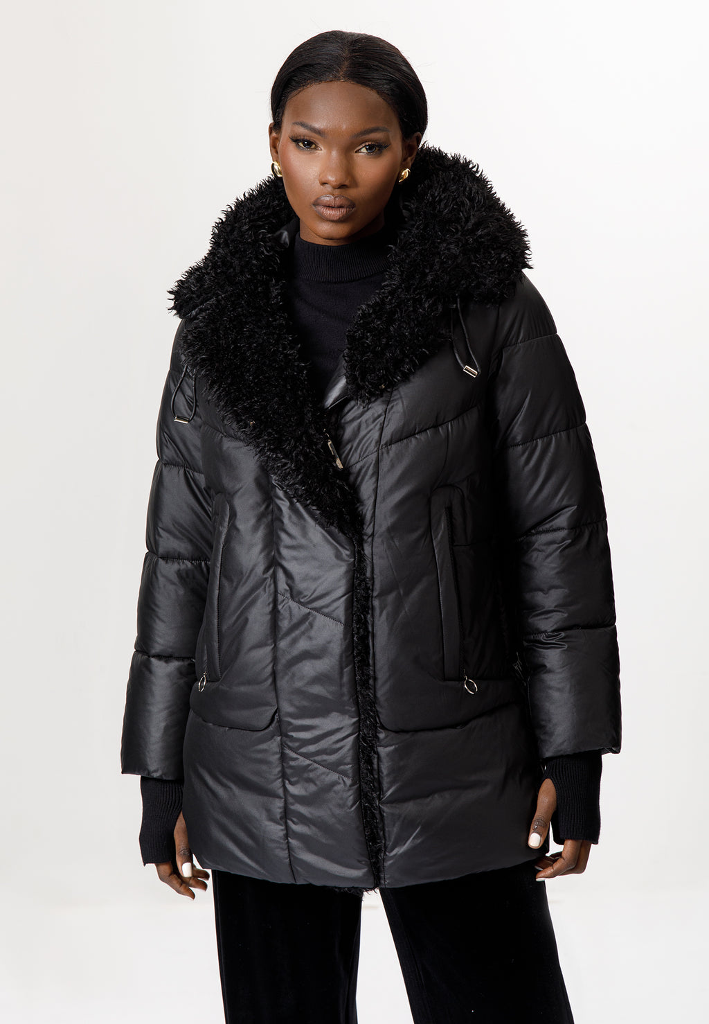 Black Puffer Jacket with Faux Fur Collar