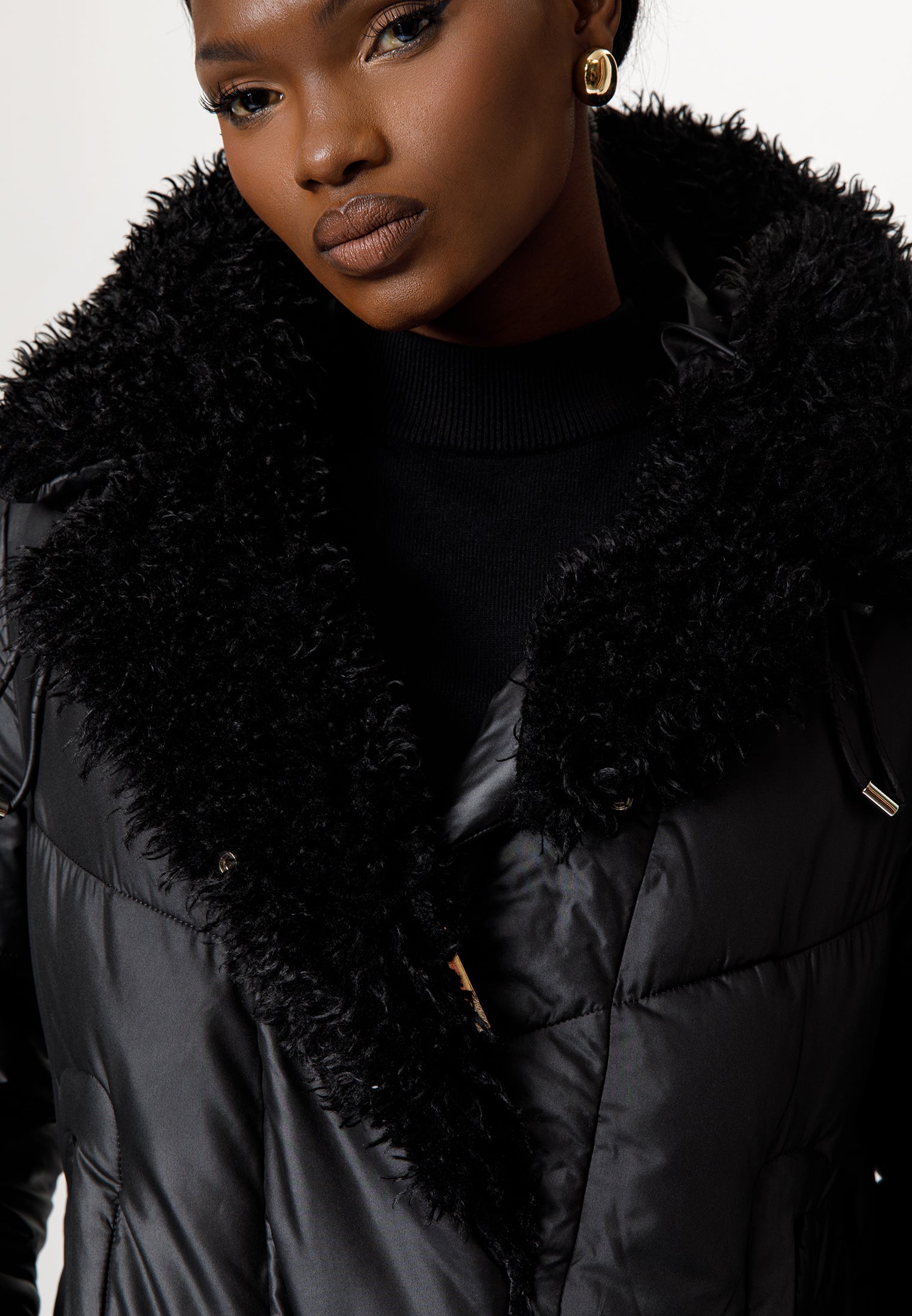Black Puffer Jacket with Faux Fur Collar