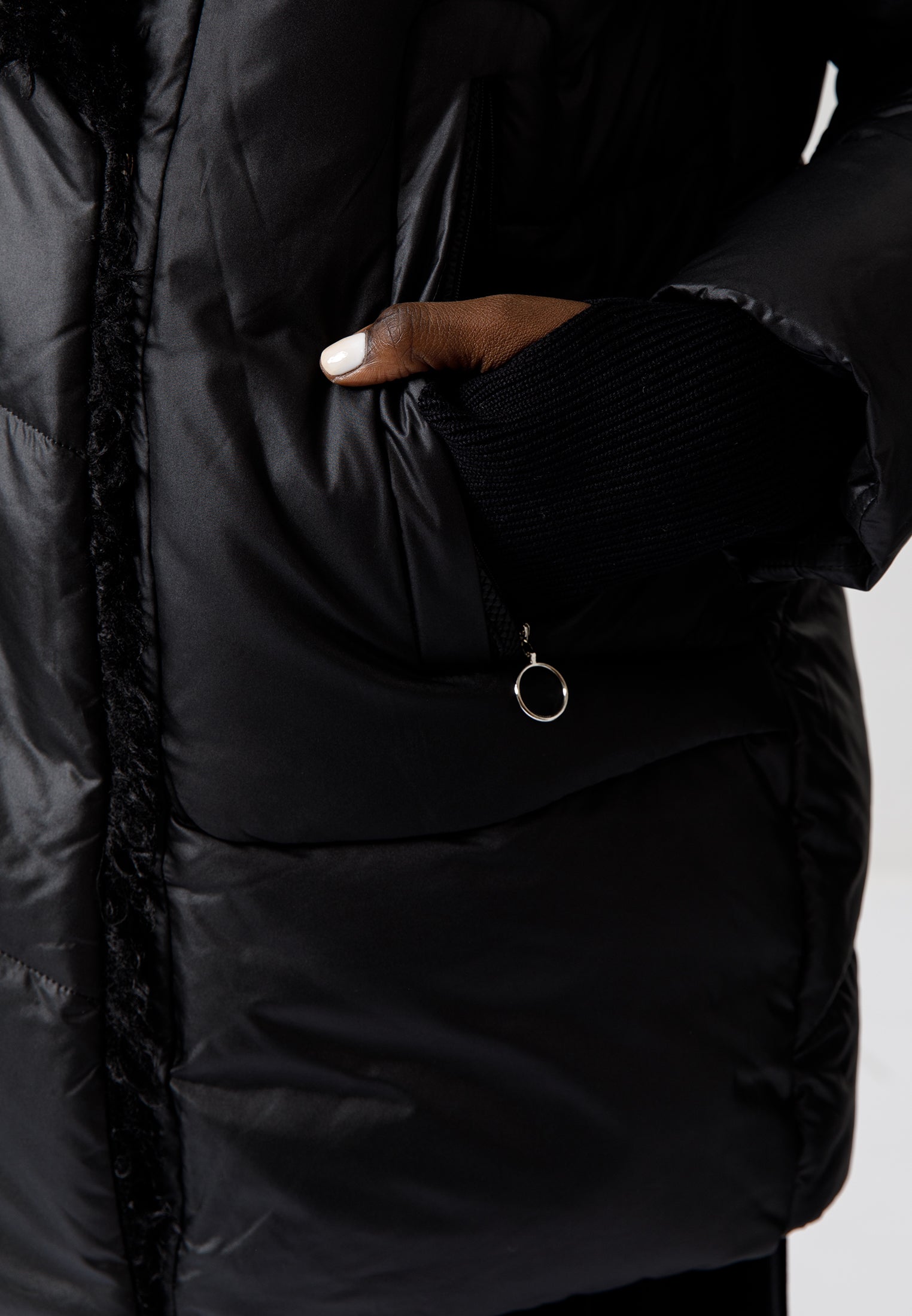 Black Puffer Jacket with Faux Fur Collar
