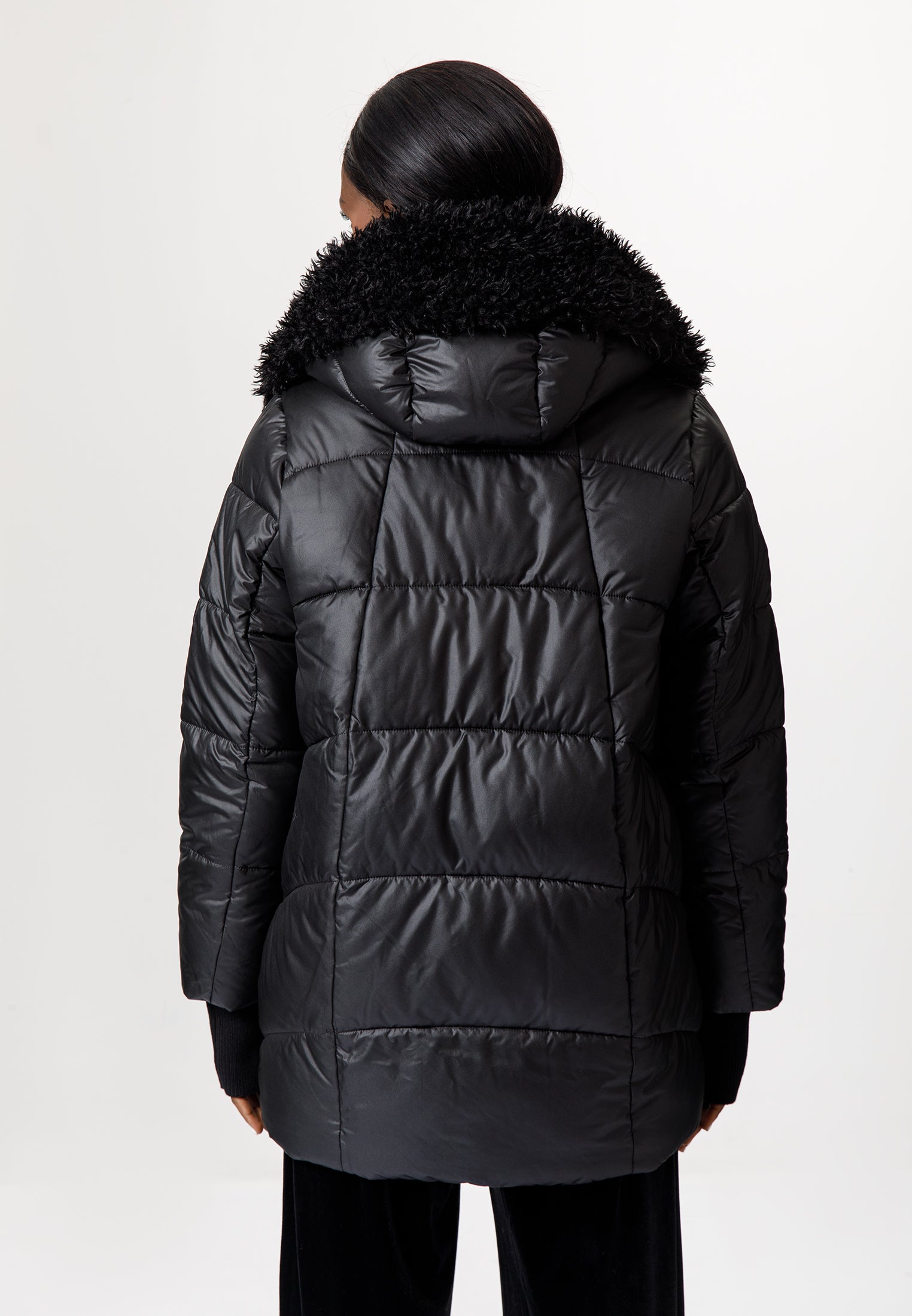 Black Puffer Jacket with Faux Fur Collar