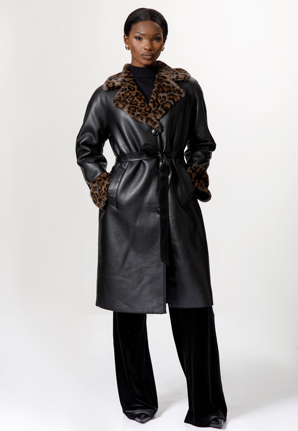 Black Leather Coat with Leopard Faux Fur Trim