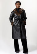 Black Leather Coat with Leopard Faux Fur Trim