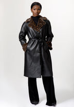 Black Leather Coat with Leopard Faux Fur Trim
