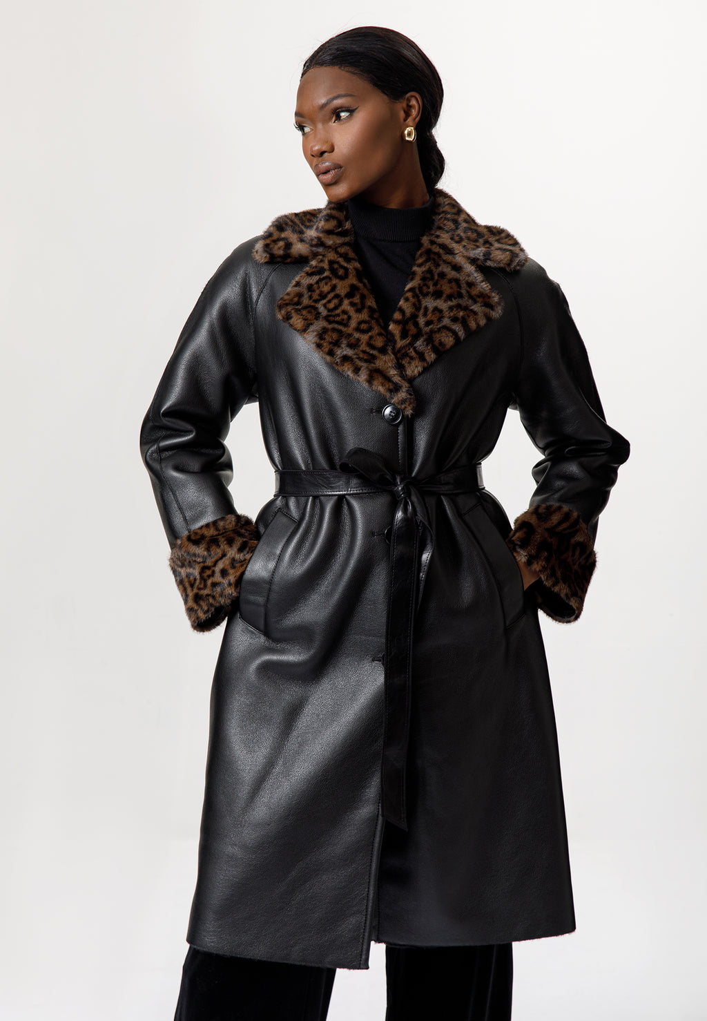 Black Leather Coat with Leopard Faux Fur Trim