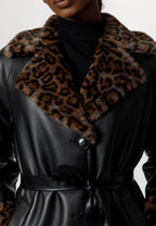 Black Leather Coat with Leopard Faux Fur Trim