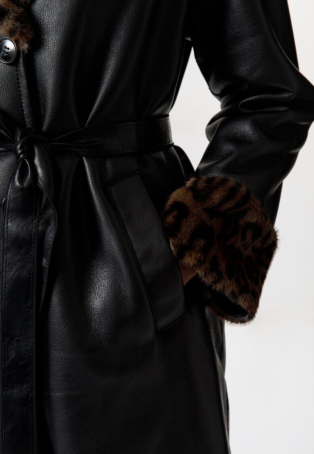 Black Leather Coat with Leopard Faux Fur Trim