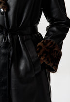Black Leather Coat with Leopard Faux Fur Trim