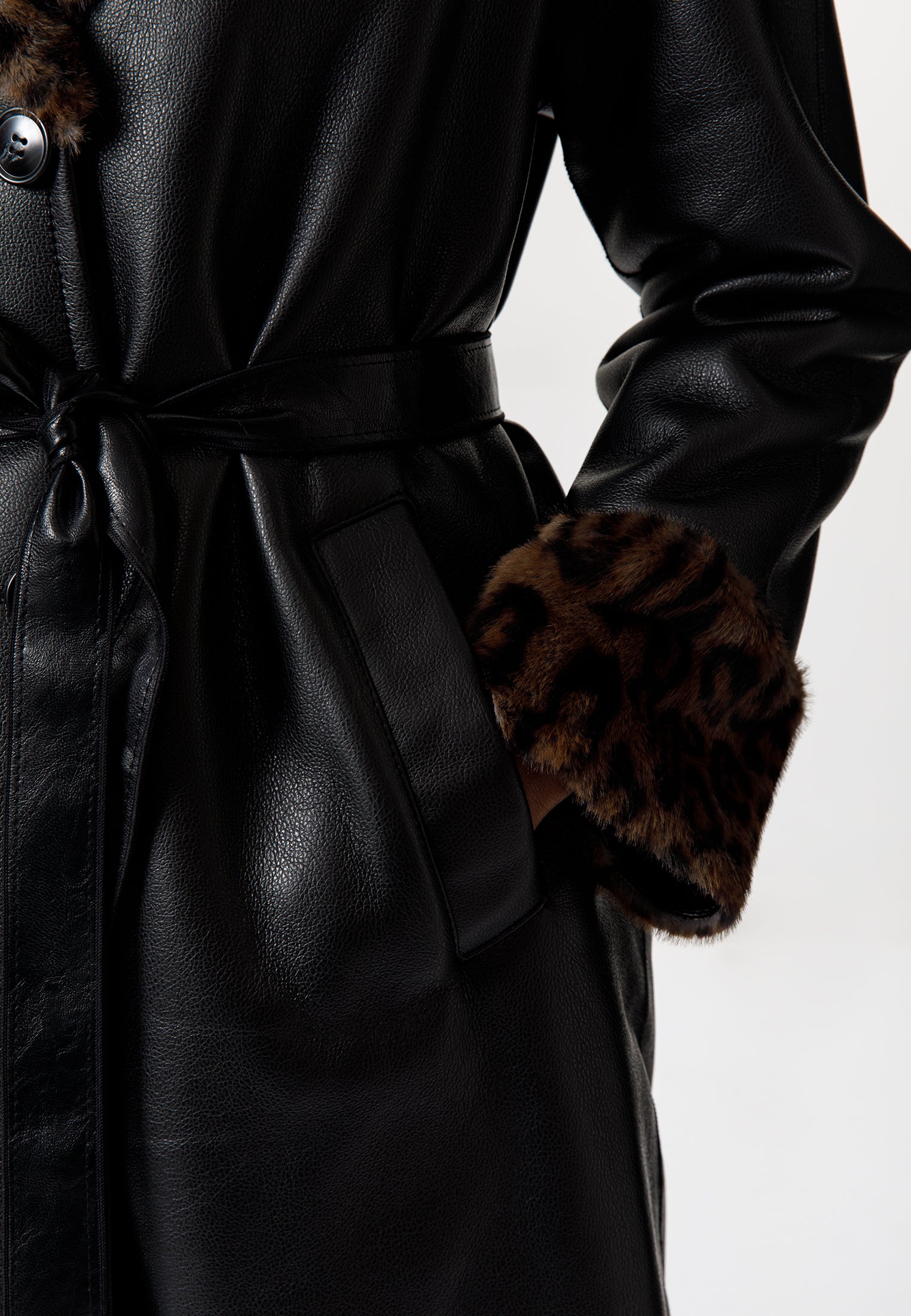Black Leather Coat with Leopard Faux Fur Trim