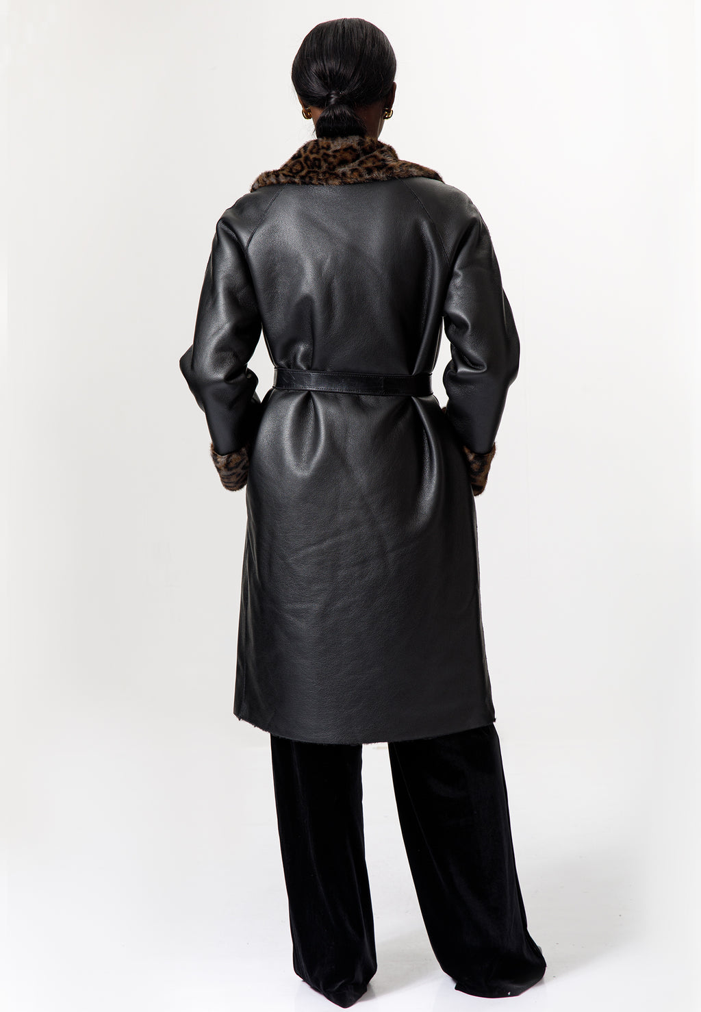 Black Leather Coat with Leopard Faux Fur Trim