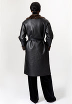 Black Leather Coat with Leopard Faux Fur Trim