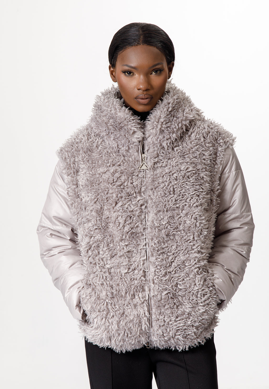 Grey Faux Fur Puffer Jacket with Hood