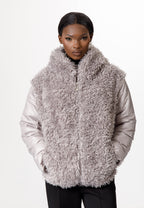 Grey Faux Fur Puffer Jacket with Hood