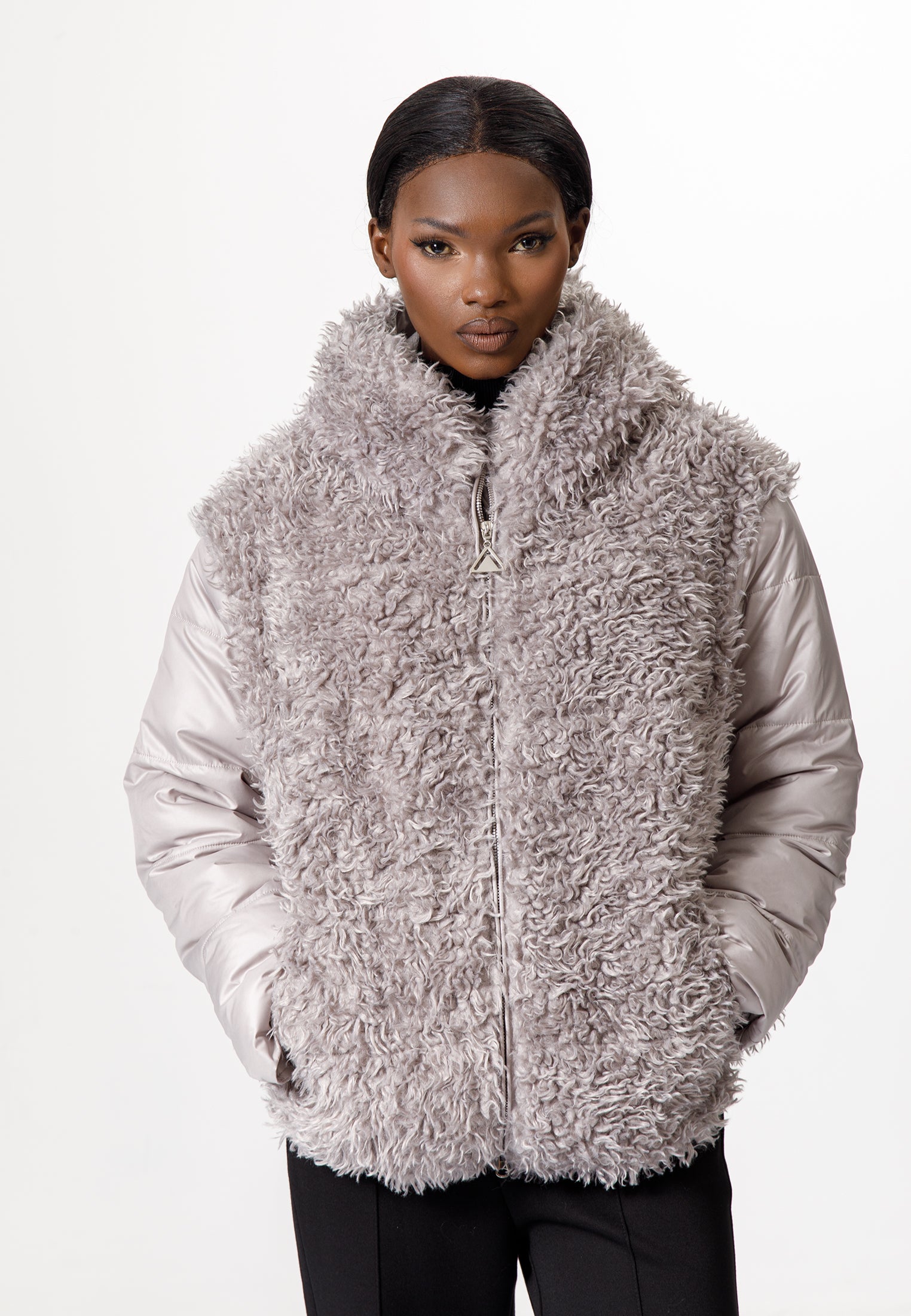 Grey Faux Fur Puffer Jacket with Hood