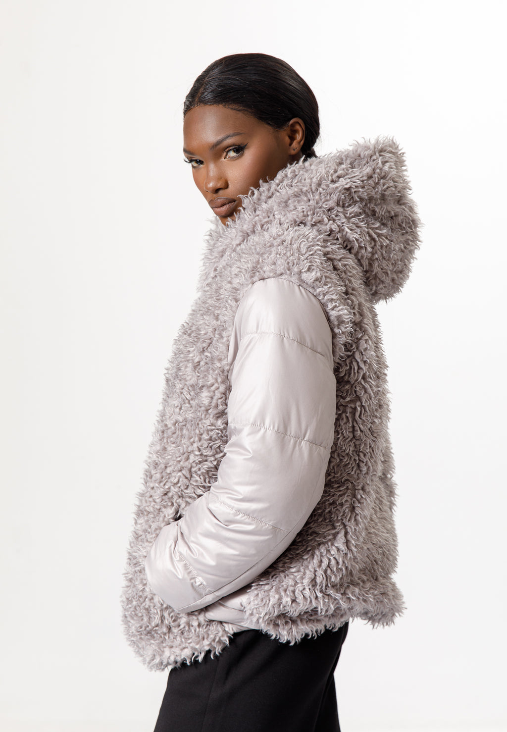 Grey Faux Fur Puffer Jacket with Hood