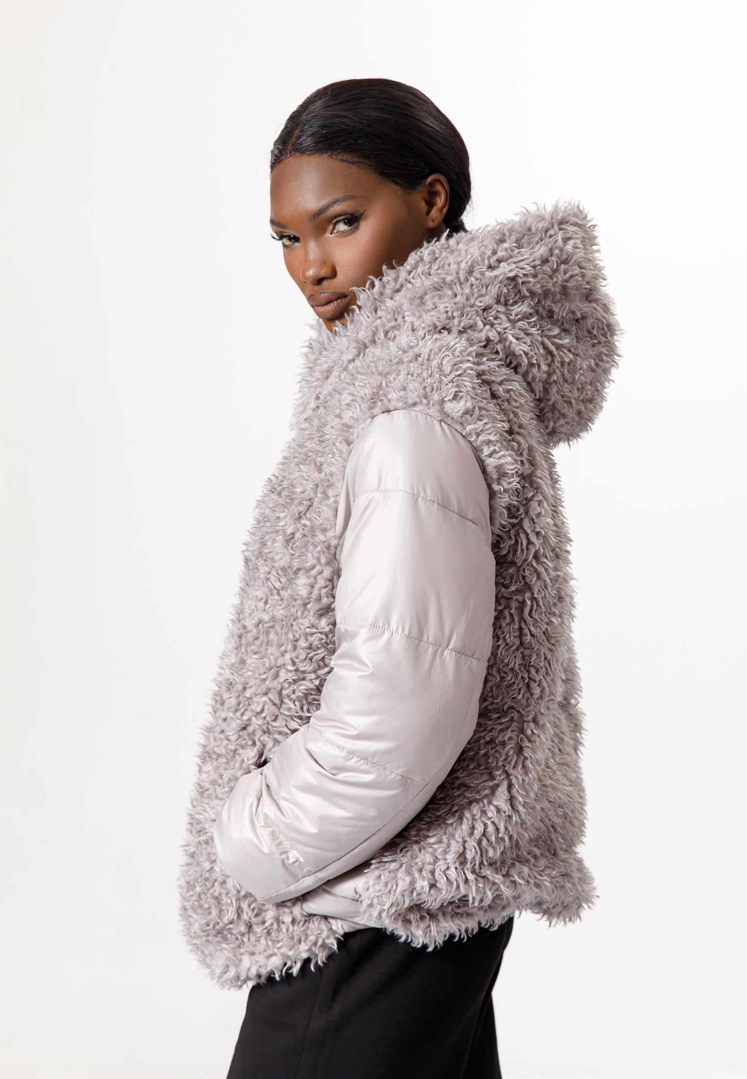 Grey Faux Fur Puffer Jacket with Hood