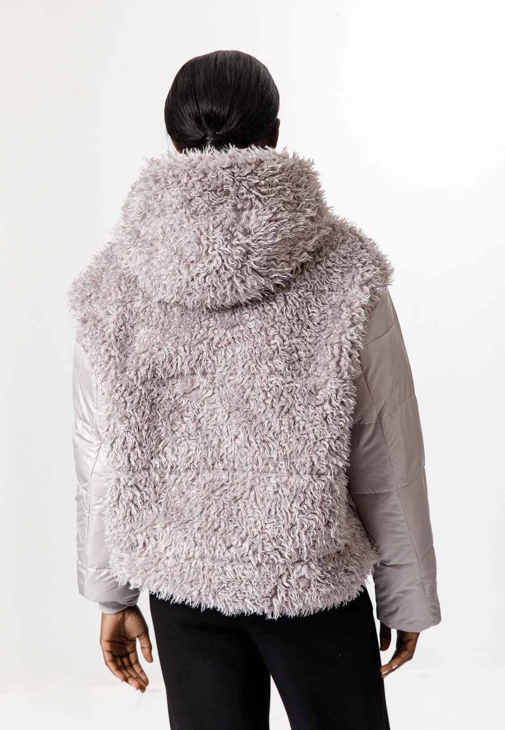 Grey Faux Fur Puffer Jacket with Hood