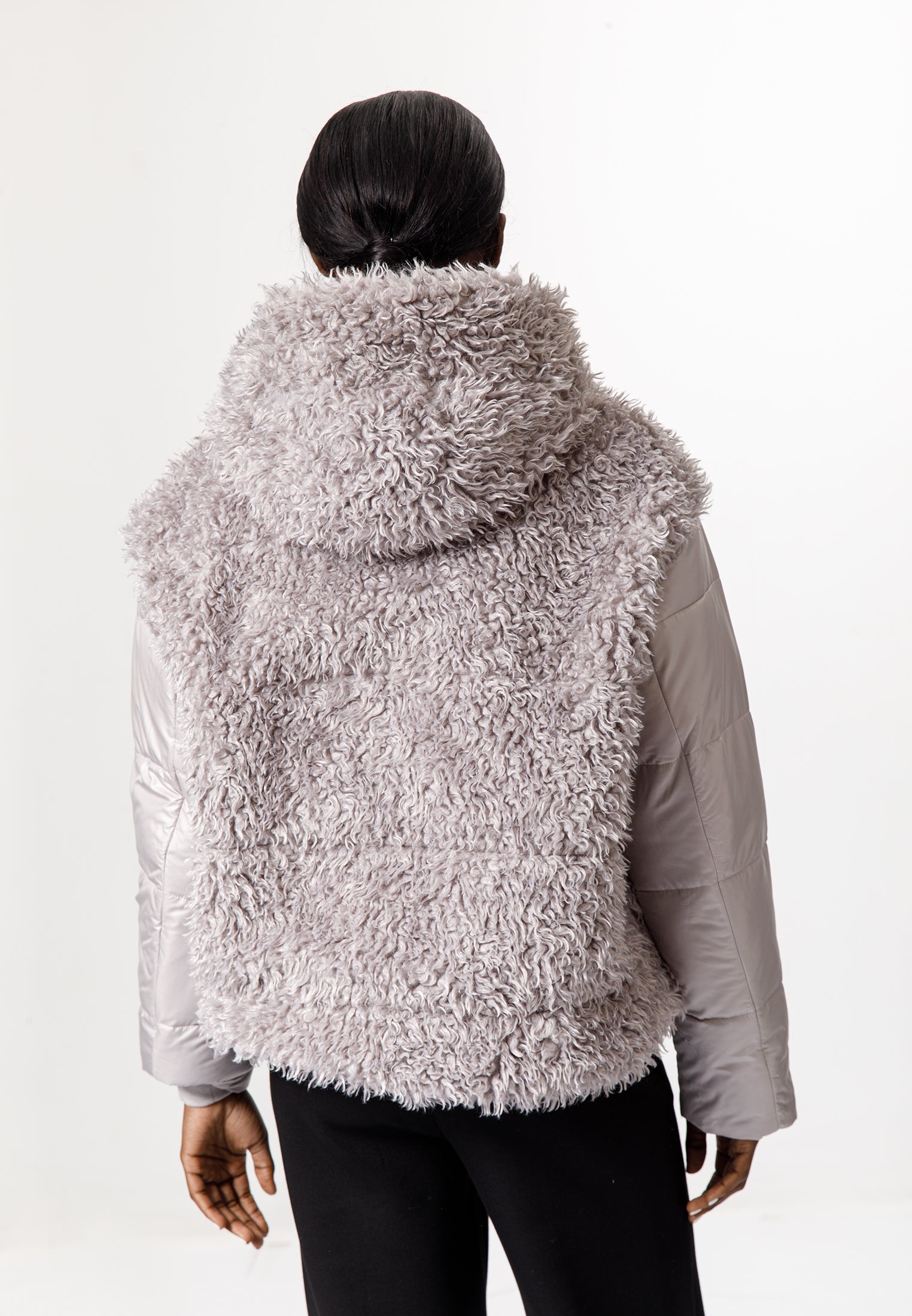 Grey Faux Fur Puffer Jacket with Hood