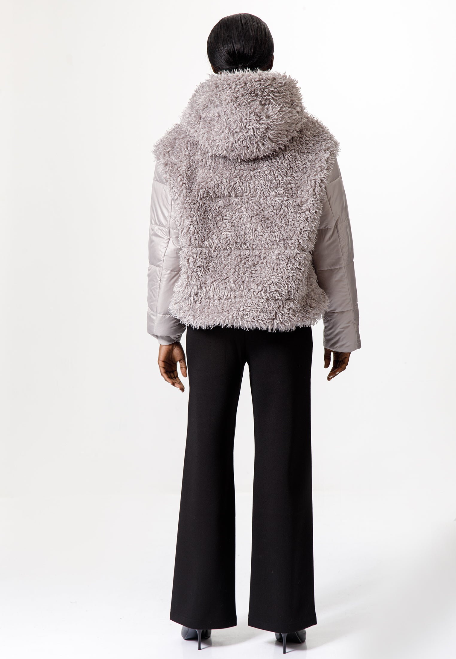 Grey Faux Fur Puffer Jacket with Hood