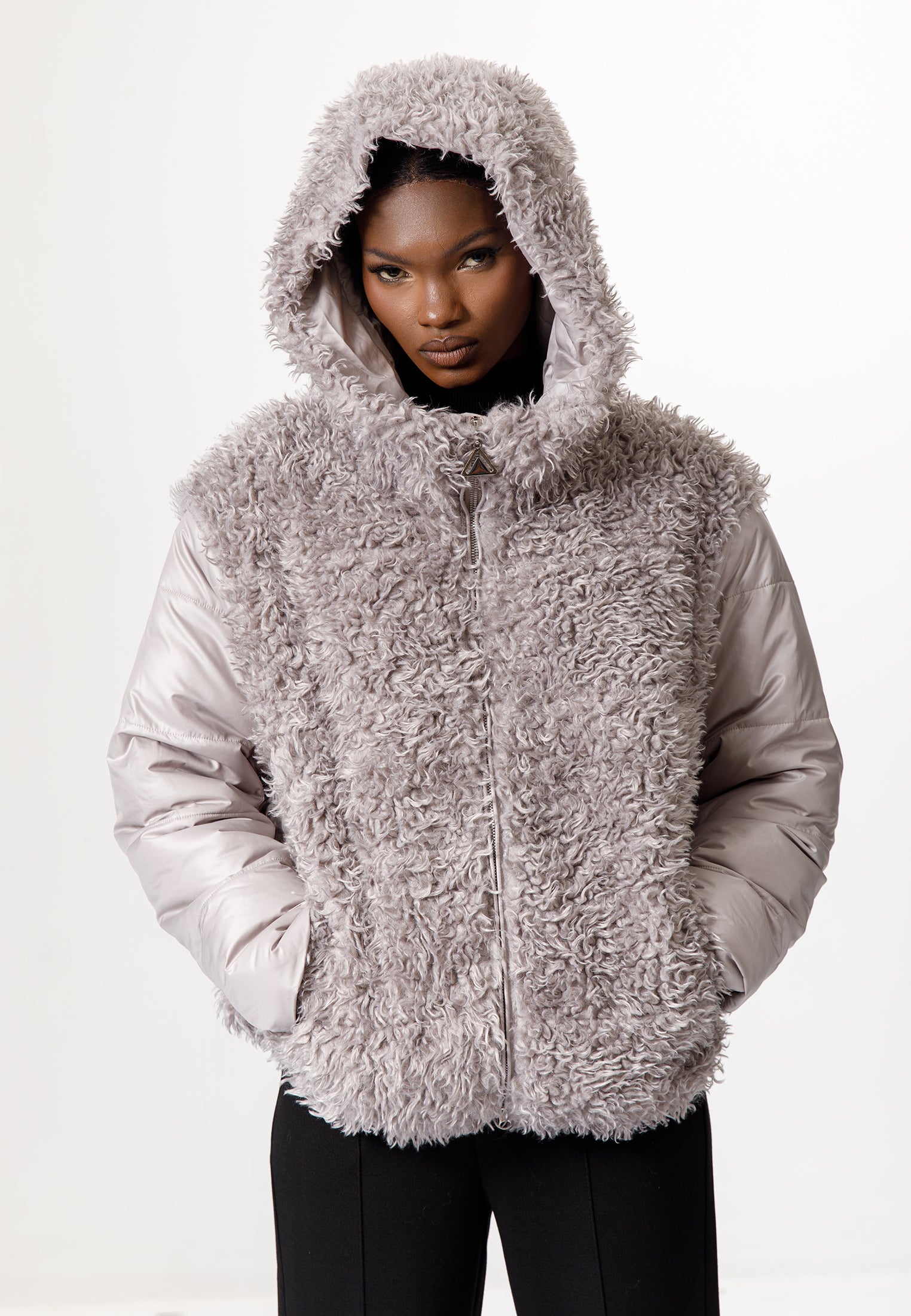 Grey Faux Fur Puffer Jacket with Hood