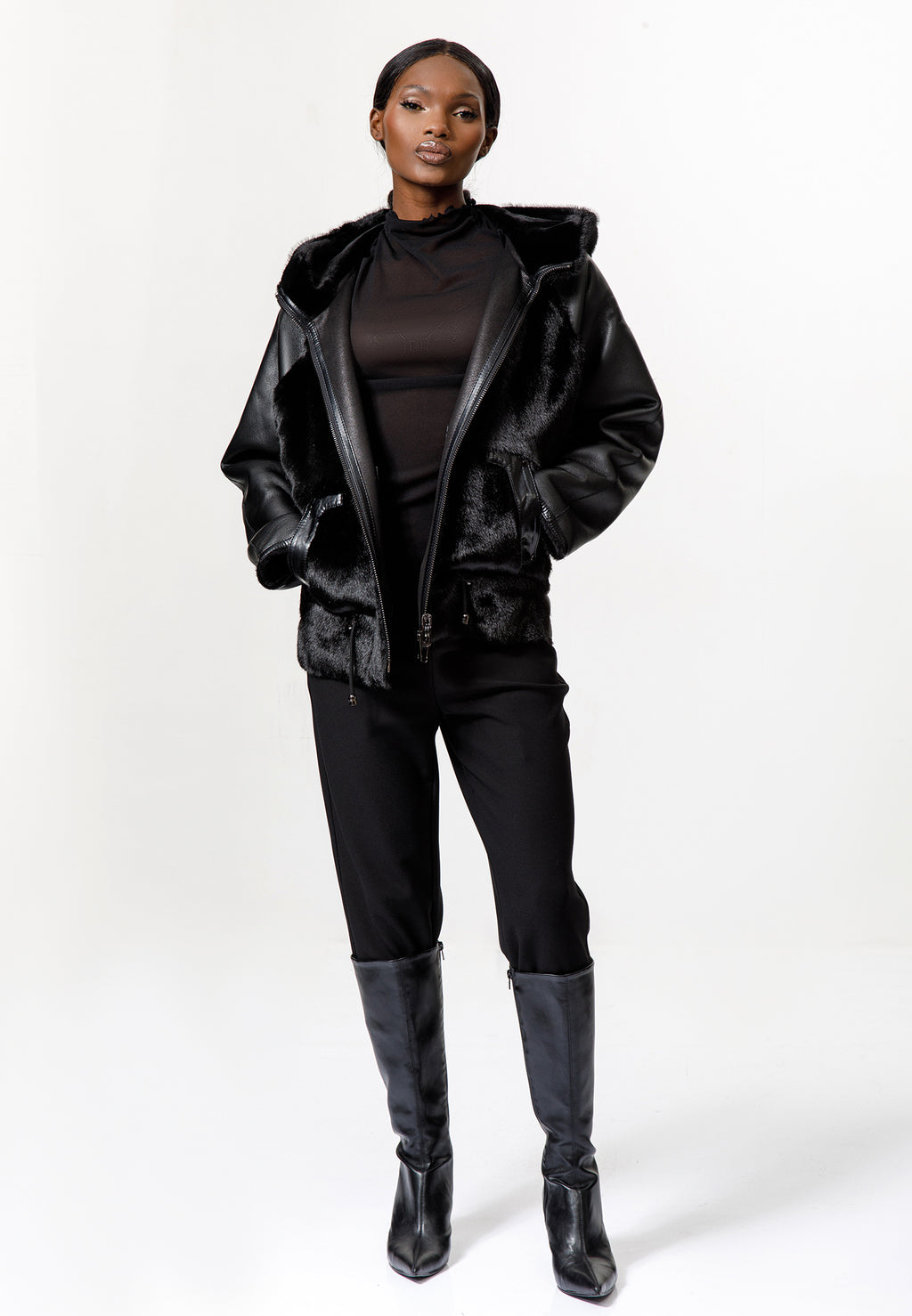 Black Faux Leather & Faux Fur Hooded Jacket