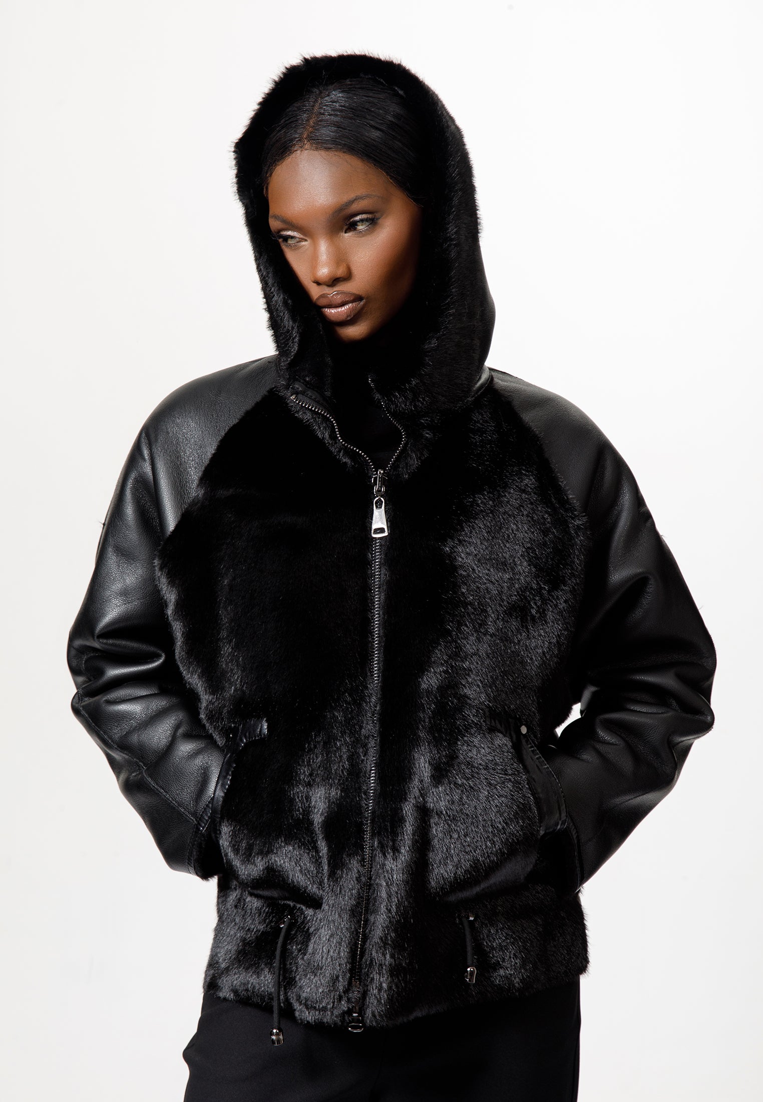 Black Faux Leather & Faux Fur Hooded Jacket – La Boutique