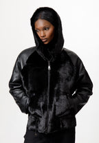 Black Faux Leather & Faux Fur Hooded Jacket