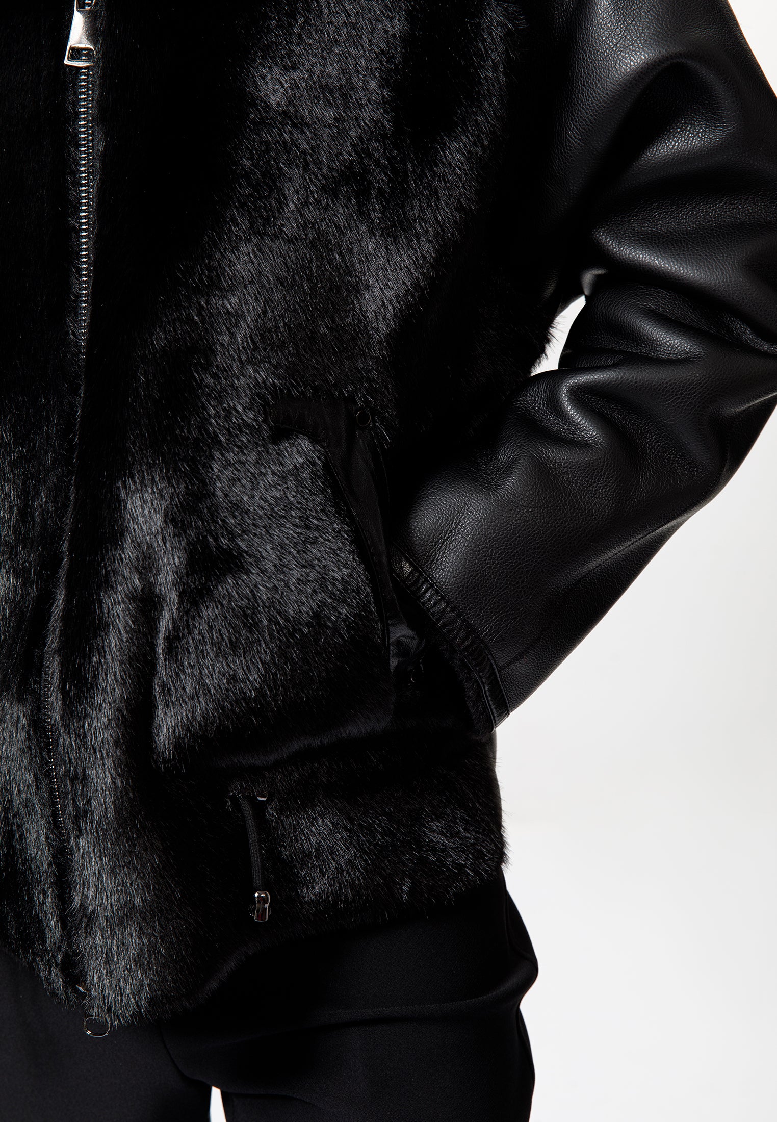 Black Faux Leather & Faux Fur Hooded Jacket
