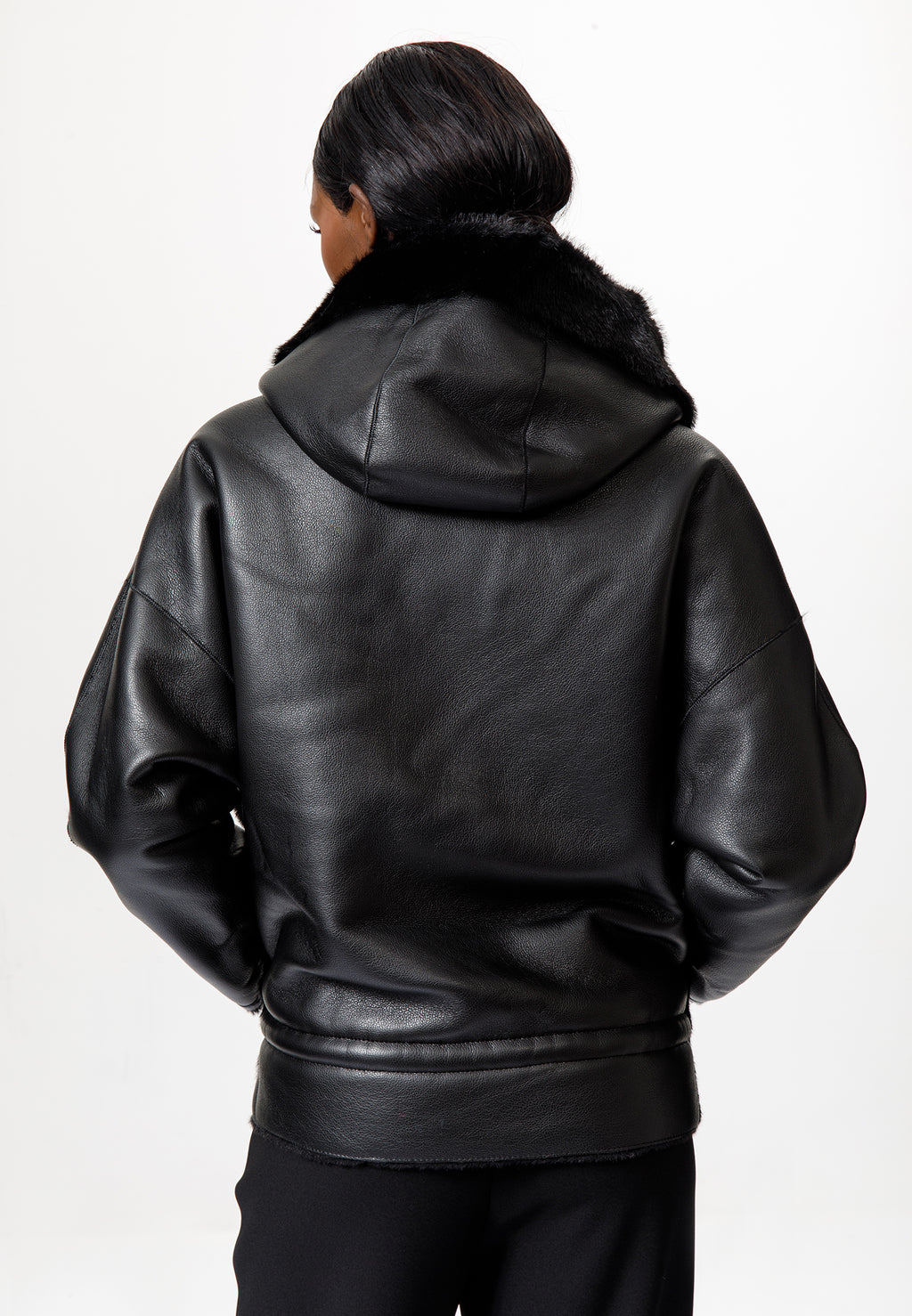 Black Faux Leather & Faux Fur Hooded Jacket
