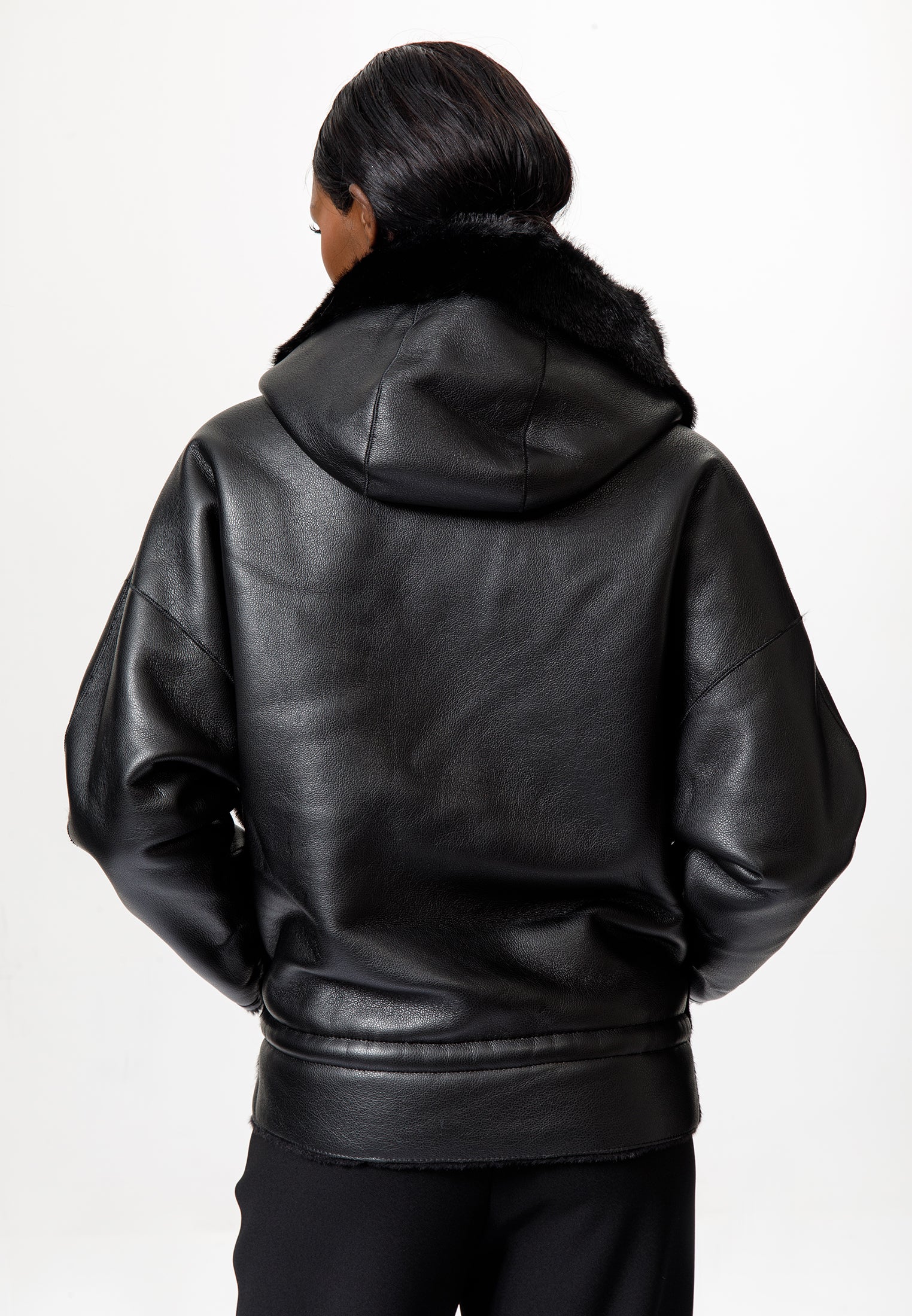 Black Faux Leather & Faux Fur Hooded Jacket