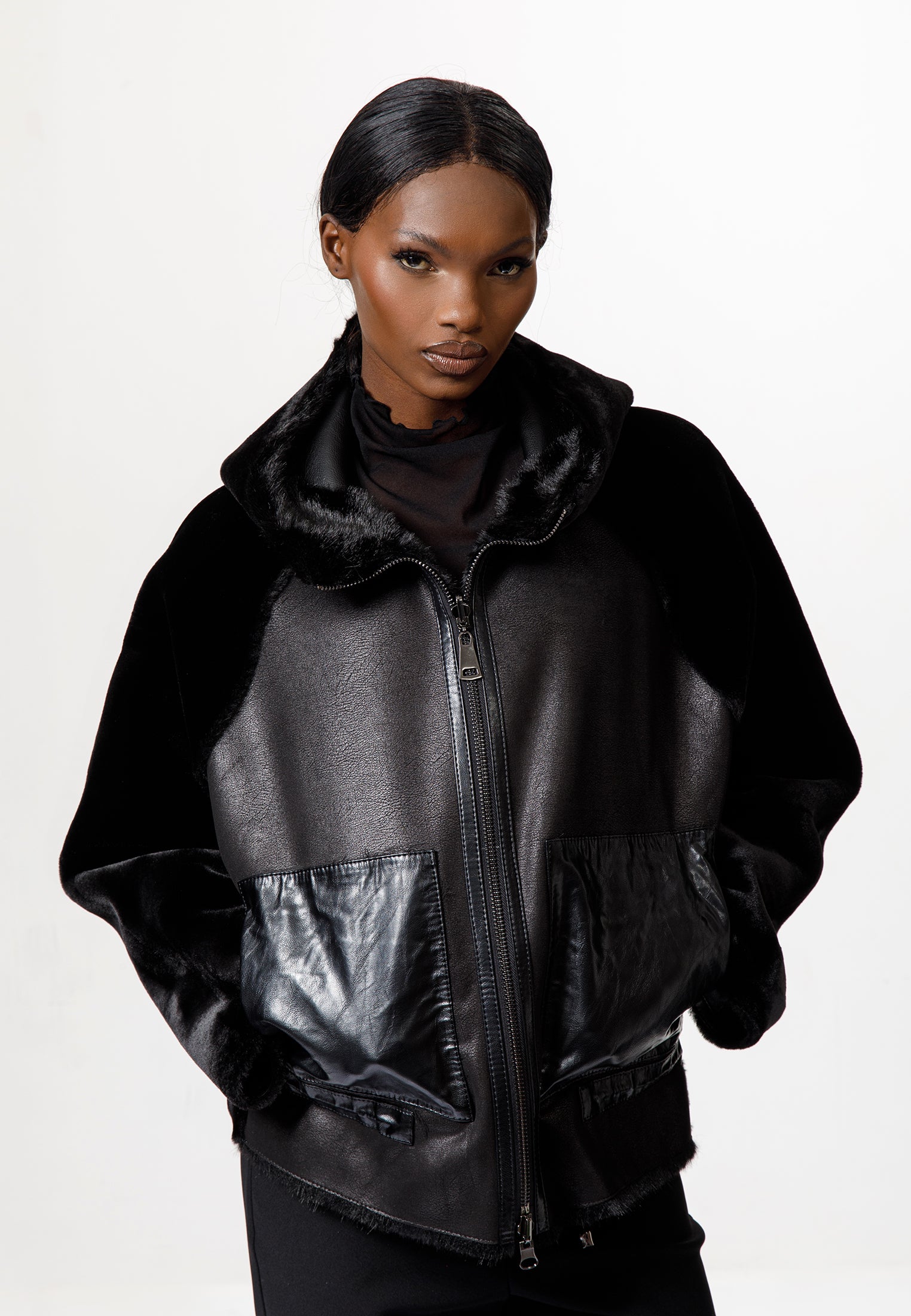 Black Faux Leather & Faux Fur Hooded Jacket