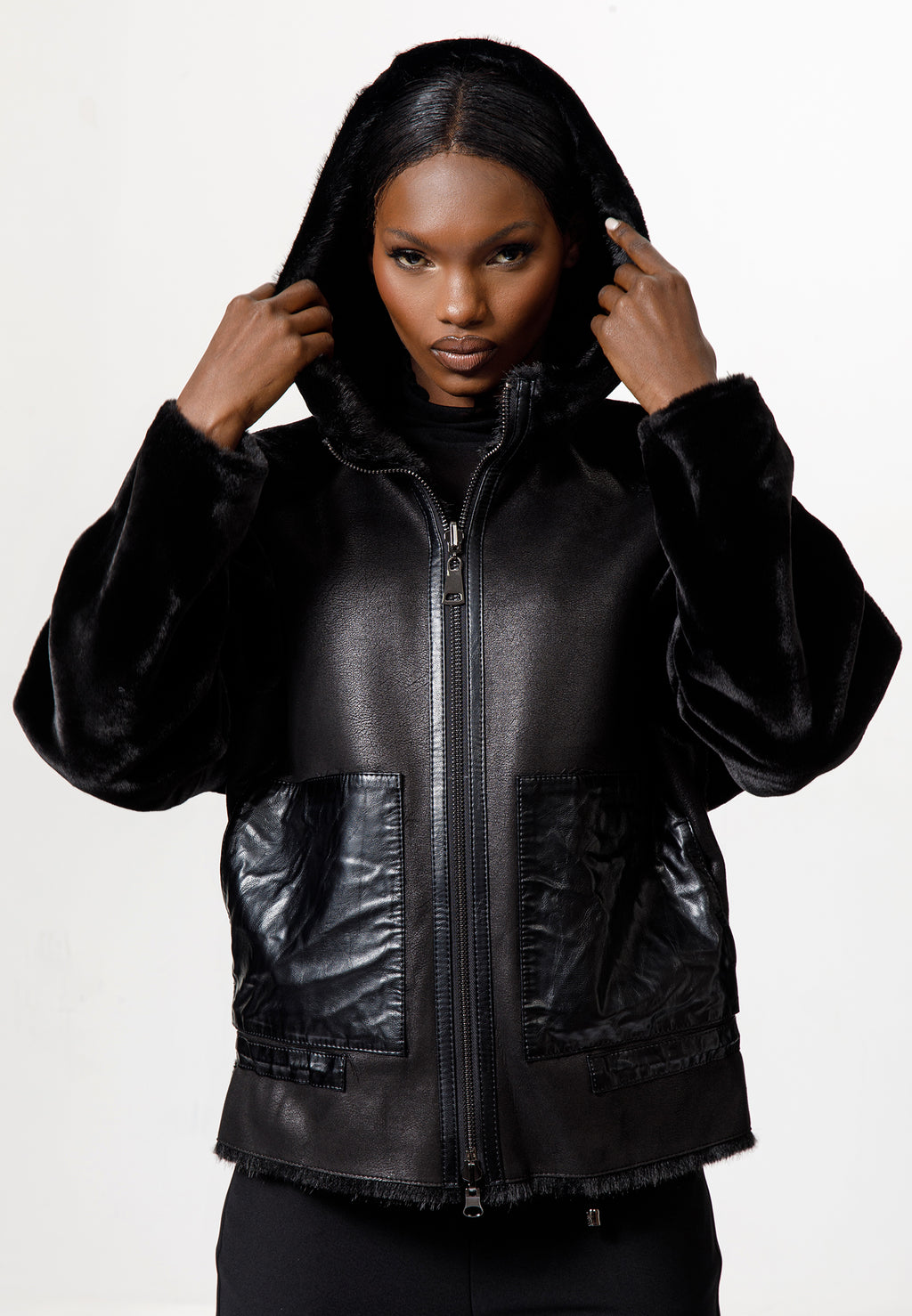 Black Faux Leather & Faux Fur Hooded Jacket
