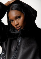 Black Faux Leather & Faux Fur Hooded Jacket