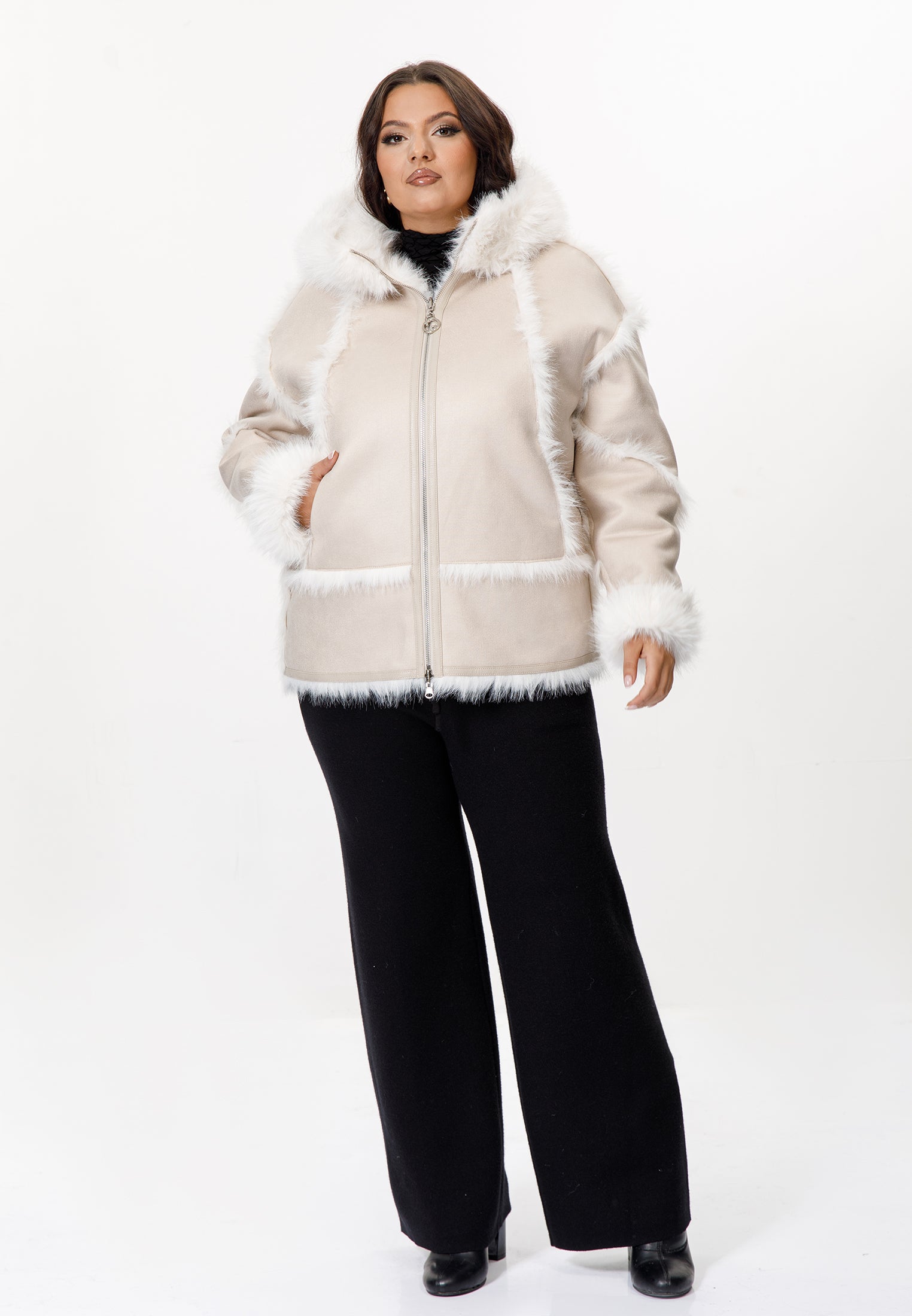 Faux Suede & Faux Fur Hooded Jacket