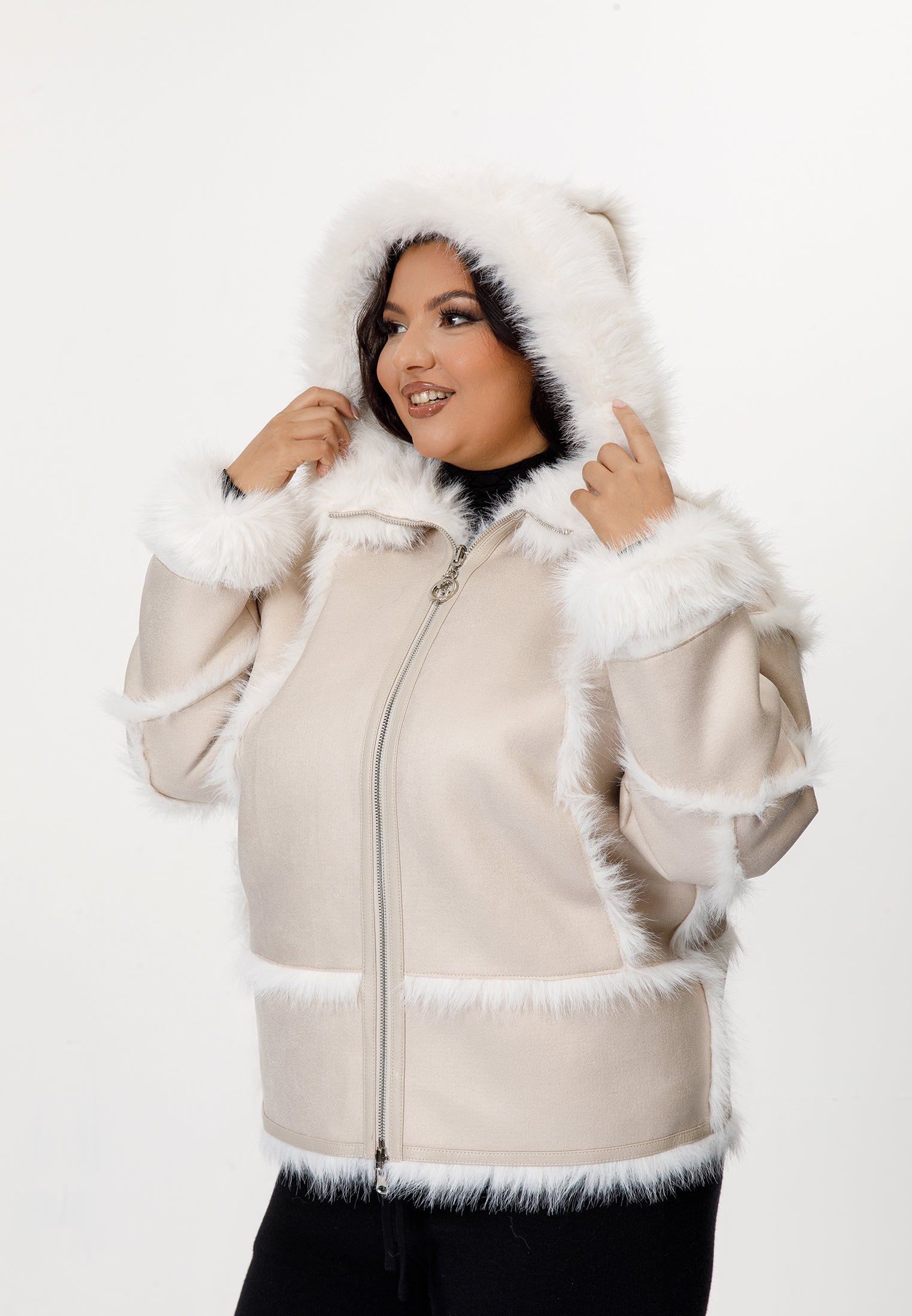 Faux Suede & Faux Fur Hooded Jacket