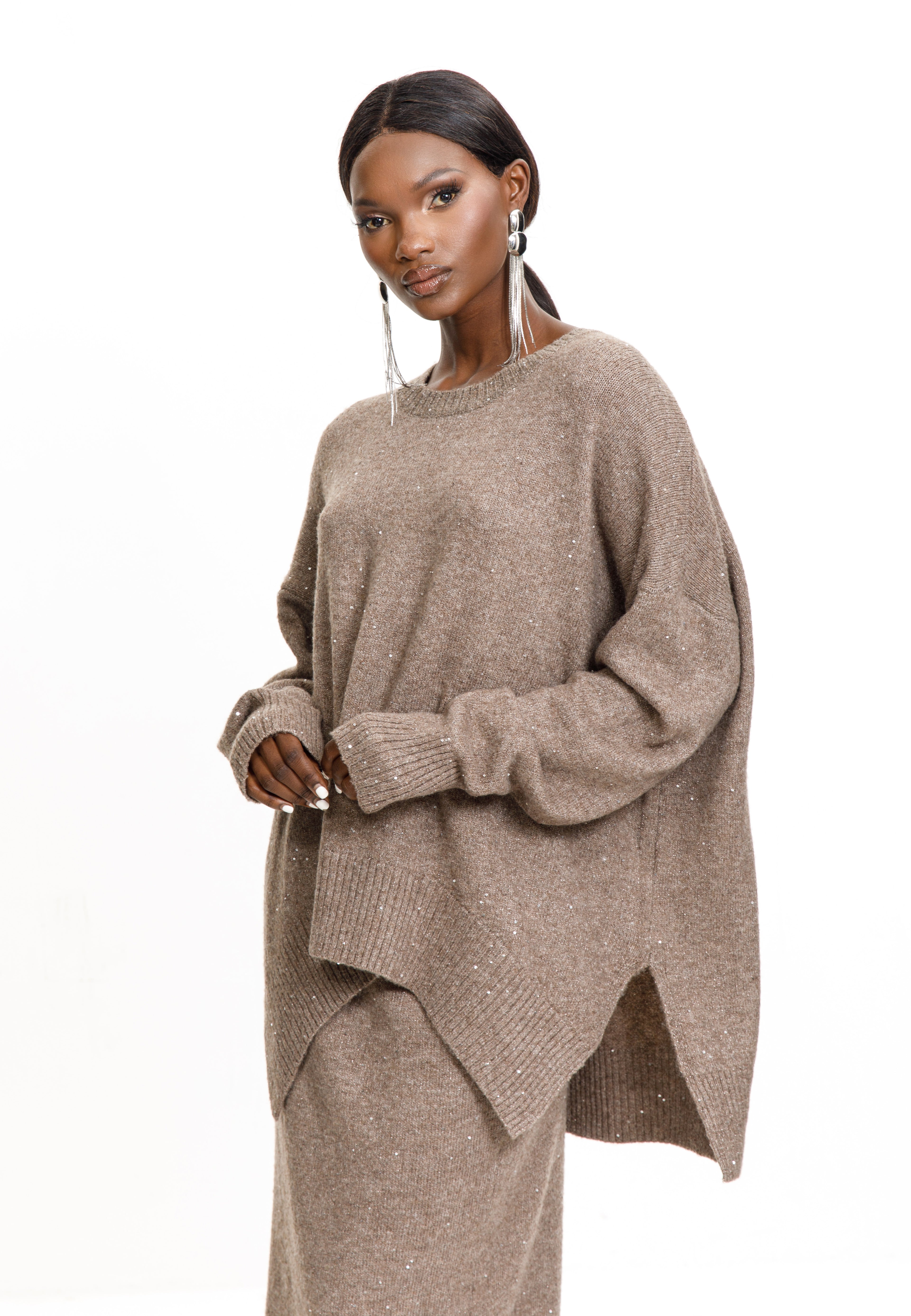 Taupe Shimmer Knit Skirt Set