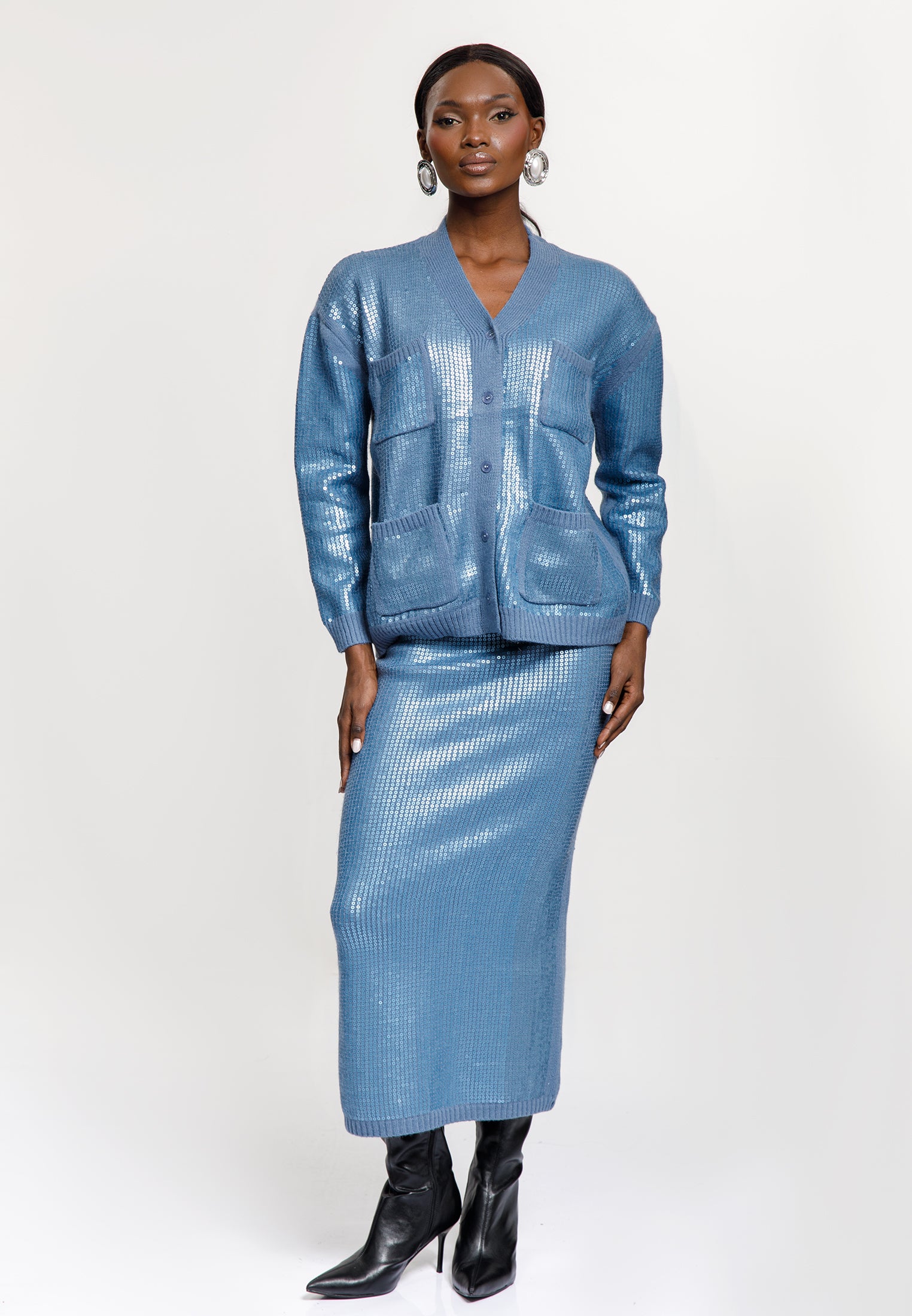 Sequin Knit Cardigan & Midi Skirt Set