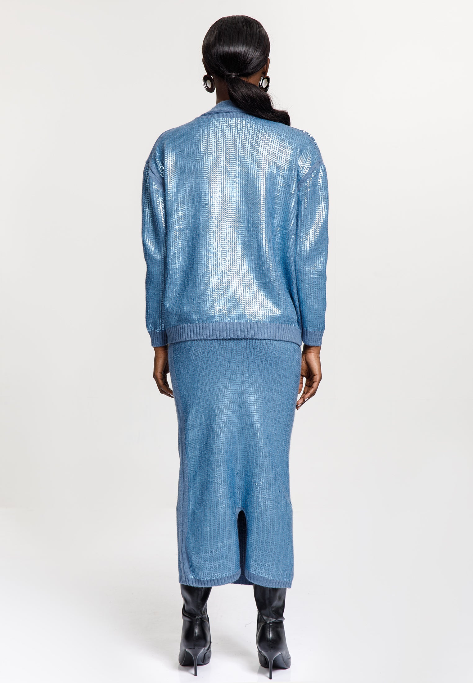 Sequin Knit Cardigan & Midi Skirt Set