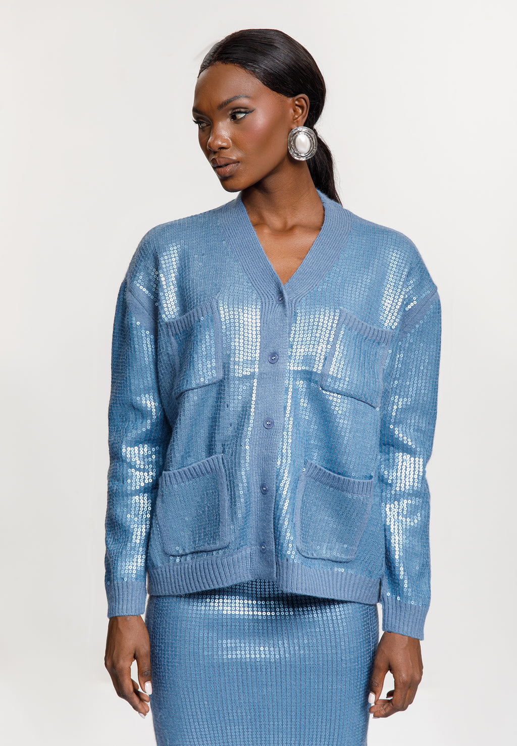 Sequin Knit Cardigan & Midi Skirt Set