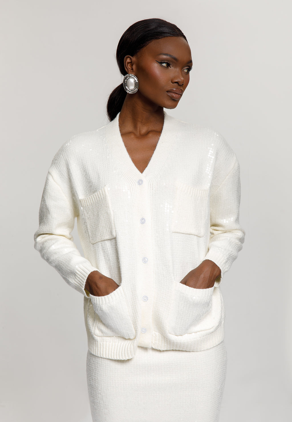 Sequin Knit Cardigan & Midi Skirt Set